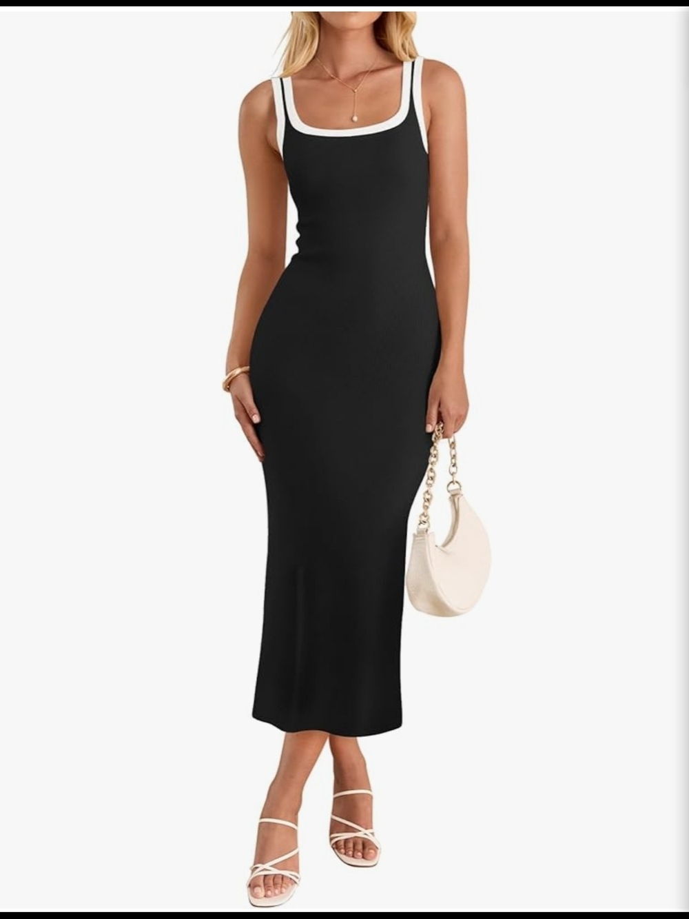 Sleek Black Maxi Dress with White Trim Square Neckline & Leg Slit Size S